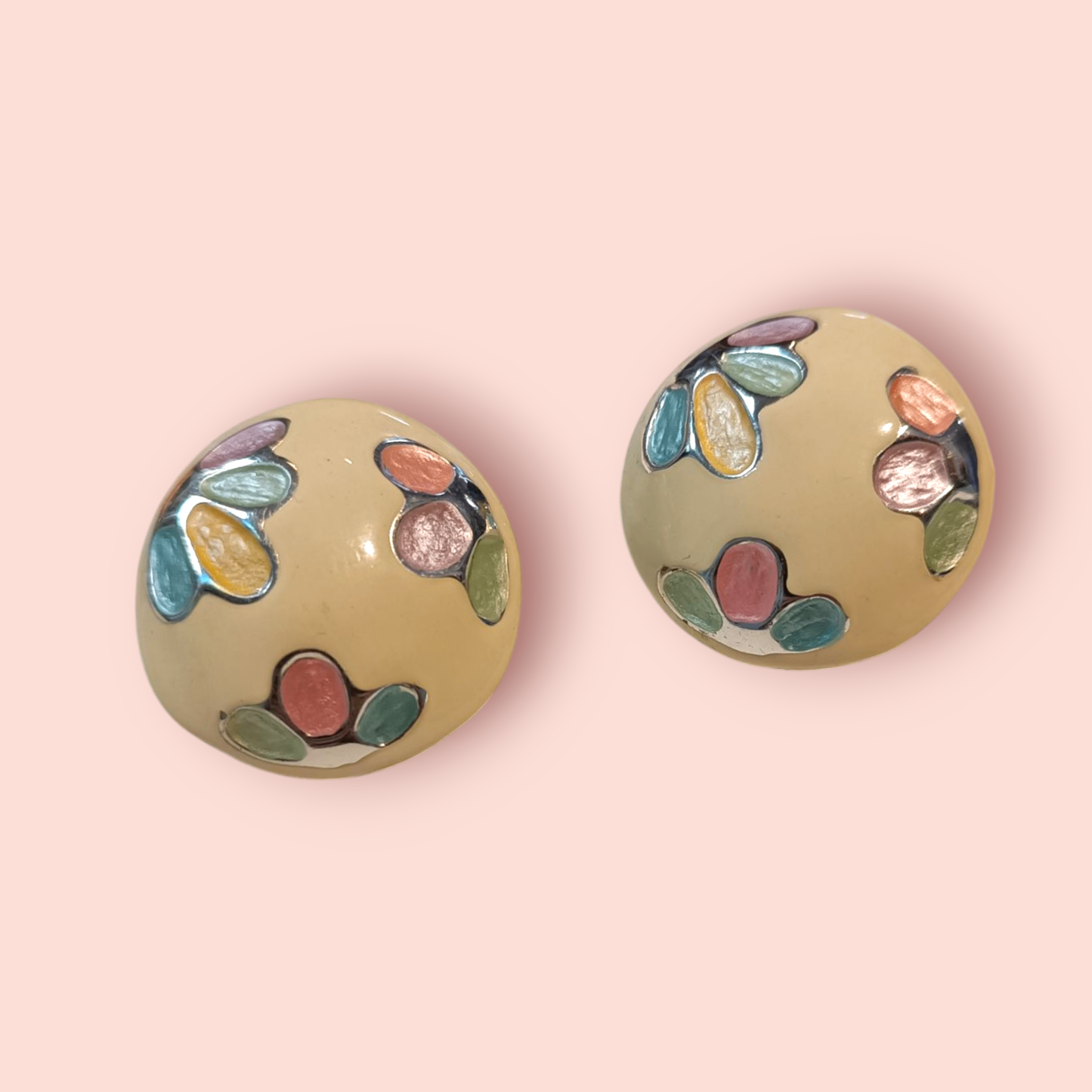 Vintage Ohrringe Klipp Beige mit bunten Blumen