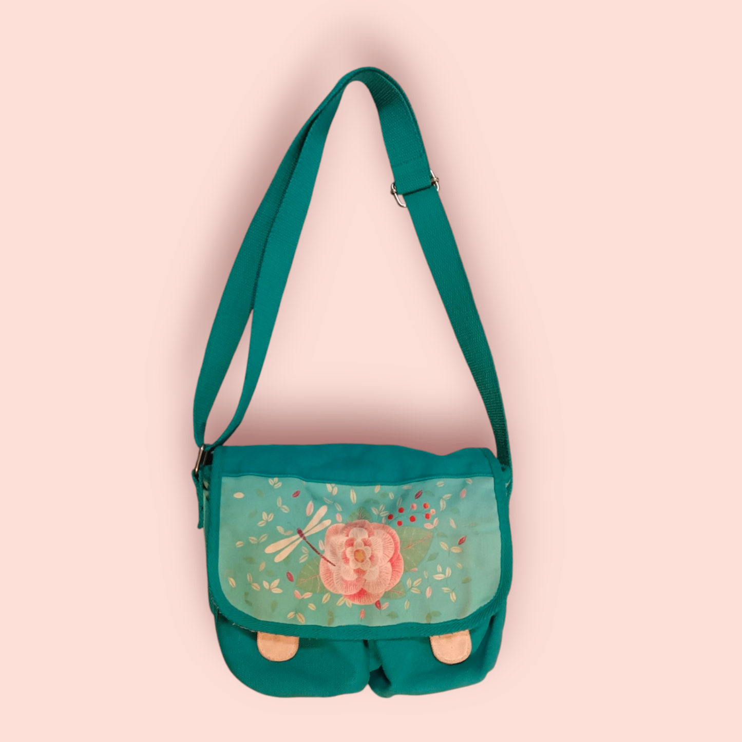 Djeco Umhängetasche Türkis mit rosa Blume und Libelle