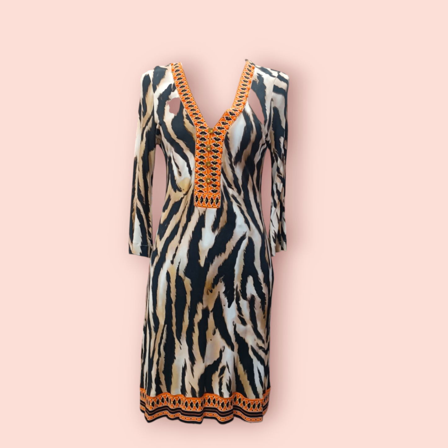 MARCCAIN Kleid XS-S Schwarz und Beige mit orangenem Detail