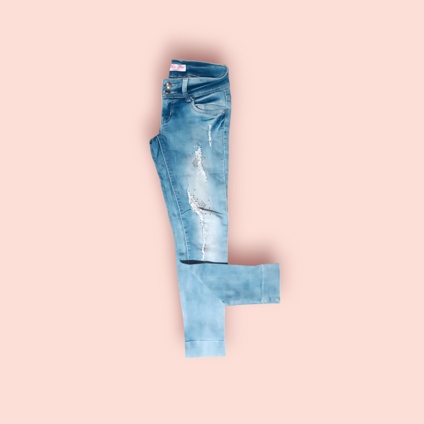 Mini Bleu Classic Jeans Ripped Jeans XS Hellblau mit Strass Steinchen