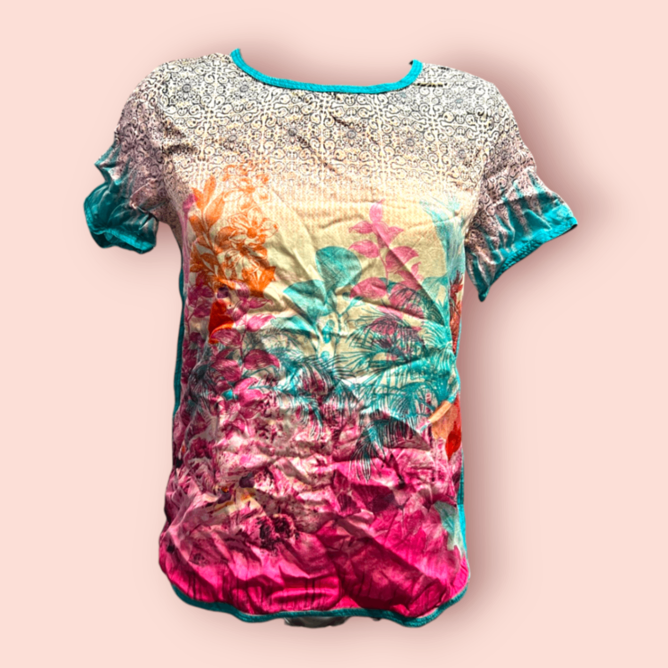 Derhy T-Shirt S Tropisches Muster in Pink, Orange, Blau und Creme