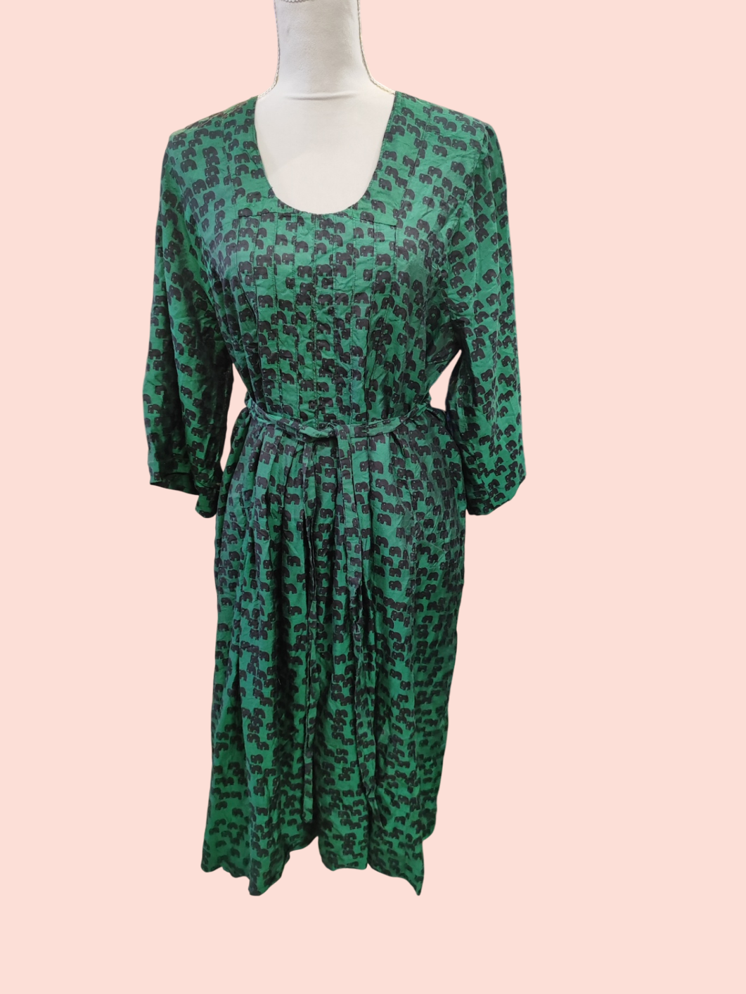 Vintage Seidenkleid L Grün mit Schwarzen Elefanten