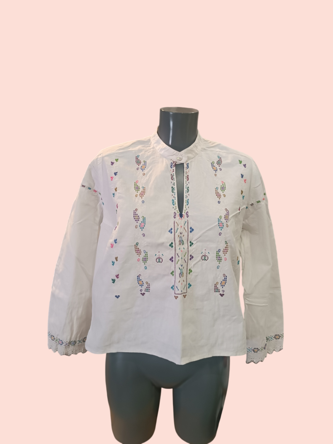 Vintage Bluse M/L Weiß mit Stickerei