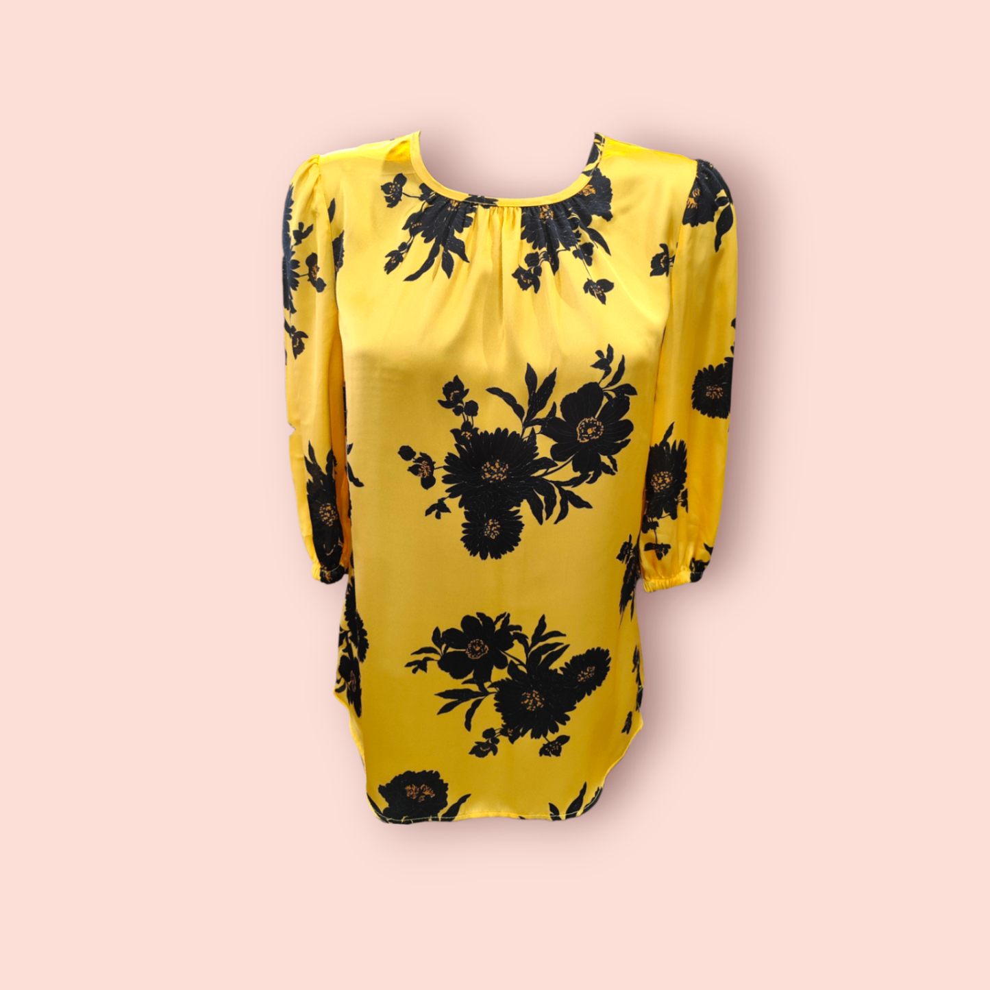 Bluse S Gelb mit schwarzem Blumenmuster