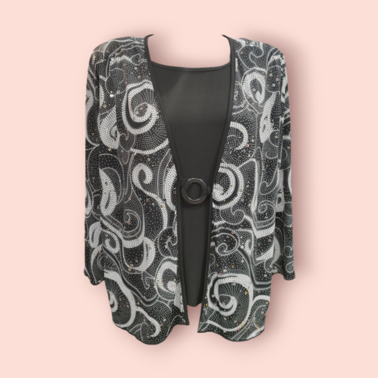 Bluse XXL Schwarz und Weiß gemustert mit Silber Pailletten