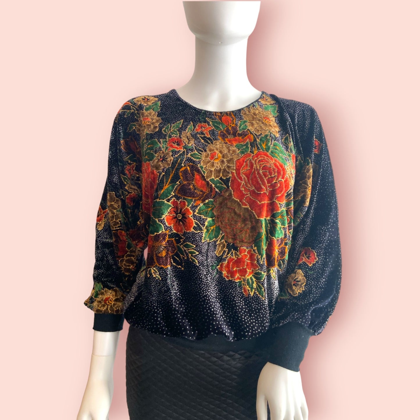 Vintage Pullover S Schwarz mit buntem Blumenmuster und Glitzer