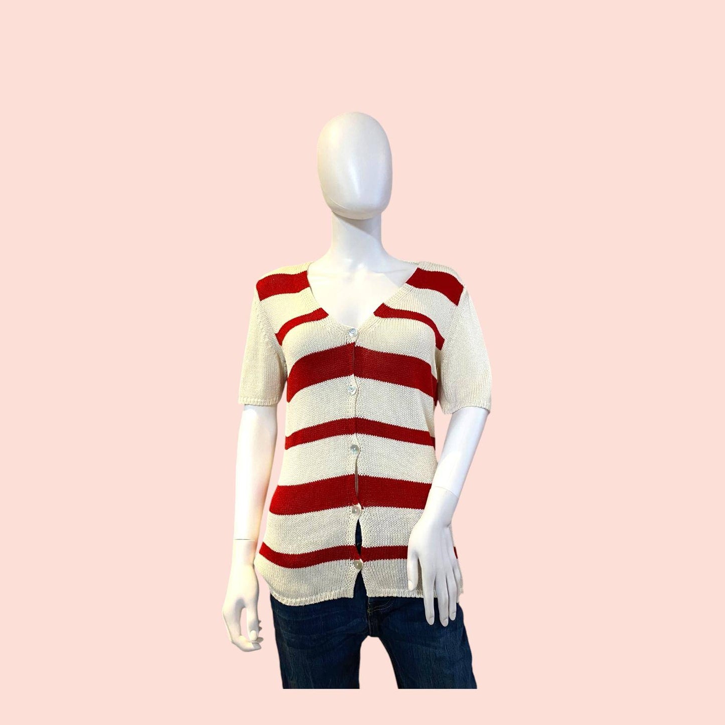 Strickjacke L Weiß und Rot