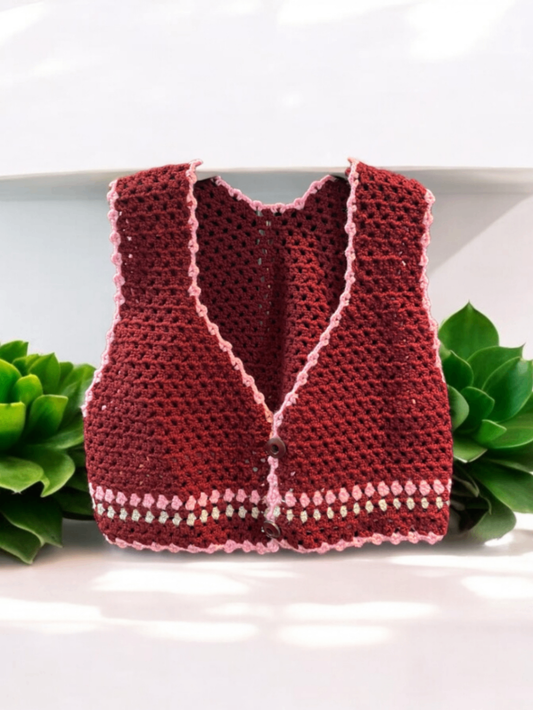 Handgestrickte Weste S Bordeaux mit Rosa