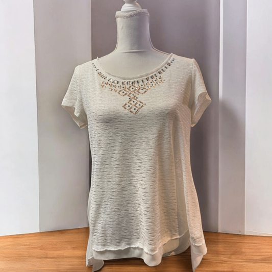 T-Shirt S-M Beige mit Perlen