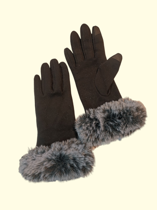 Handschuhe S/M Schwarz mit Schwarz-Weißem Kunstpelz