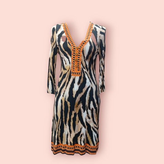 MARCCAIN Kleid XS-S Schwarz und Beige mit orangenem Detail
