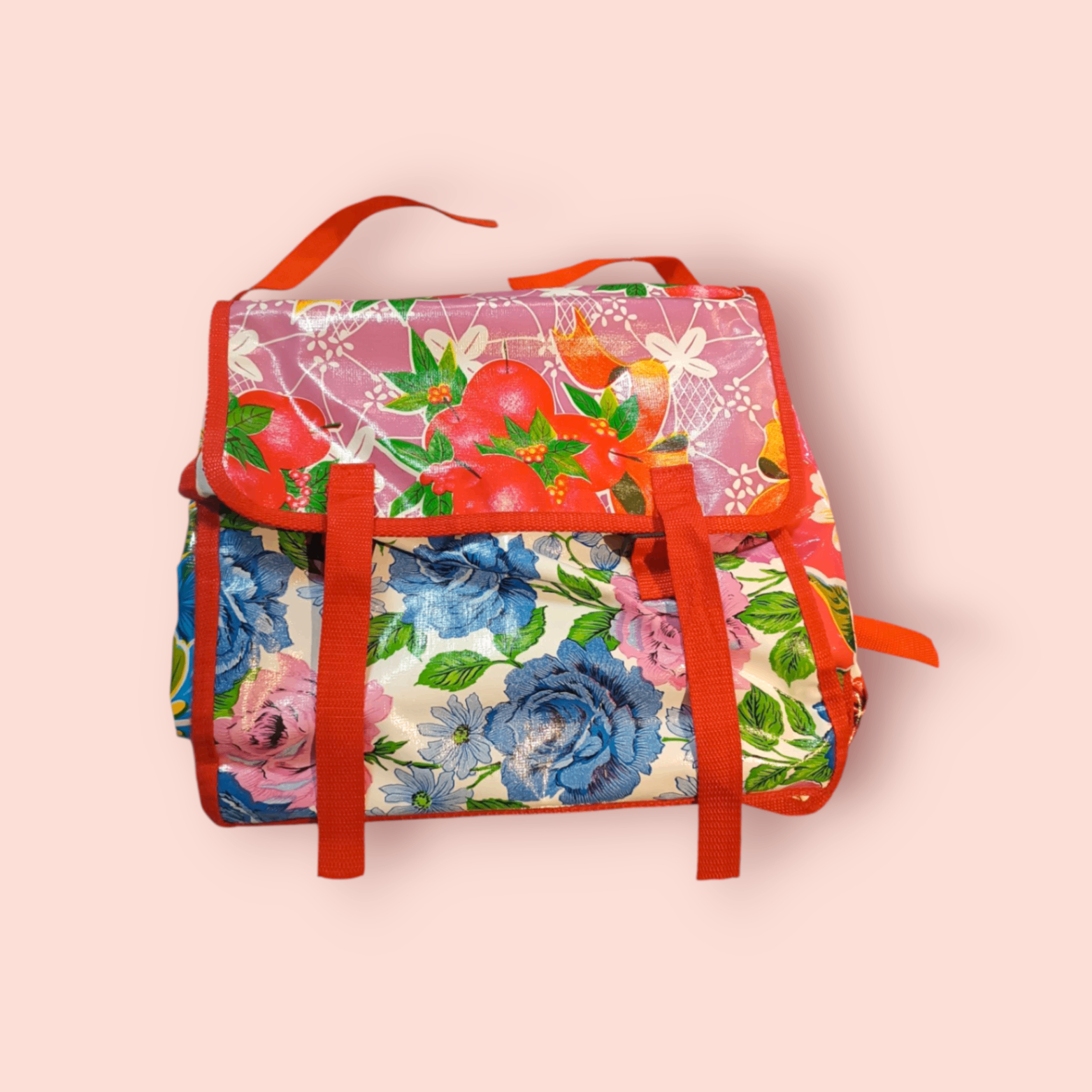 Fahrradtasche Rot mit auffälligem Blumenmuster in Blau, Grün, Gelb, Orange und Weiß