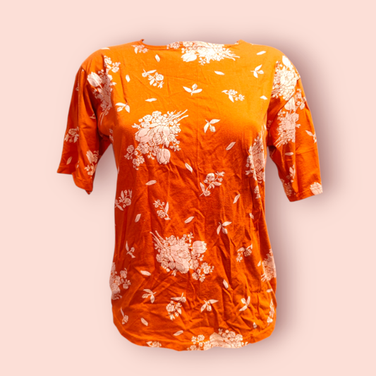T-Shirt L Orange mit weißen Blumenmustern