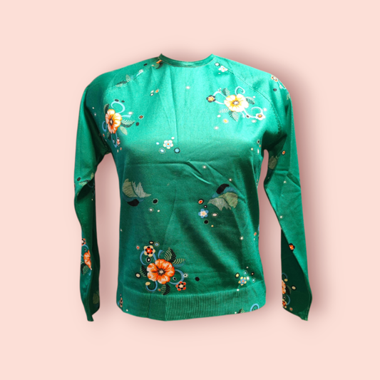 Vintage Wolford Langarmshirt 42 Grün mit buntem Blumendruck