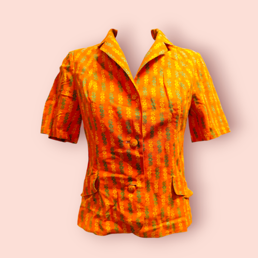 Vintage Kurzarmhemd S Orange mit gelben und grünen Mustern