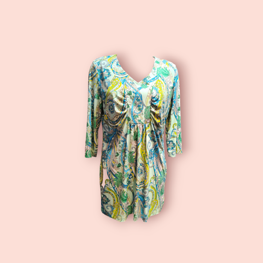 Couture Line Kleid L Bunt mit Blau, Grün und Gelb