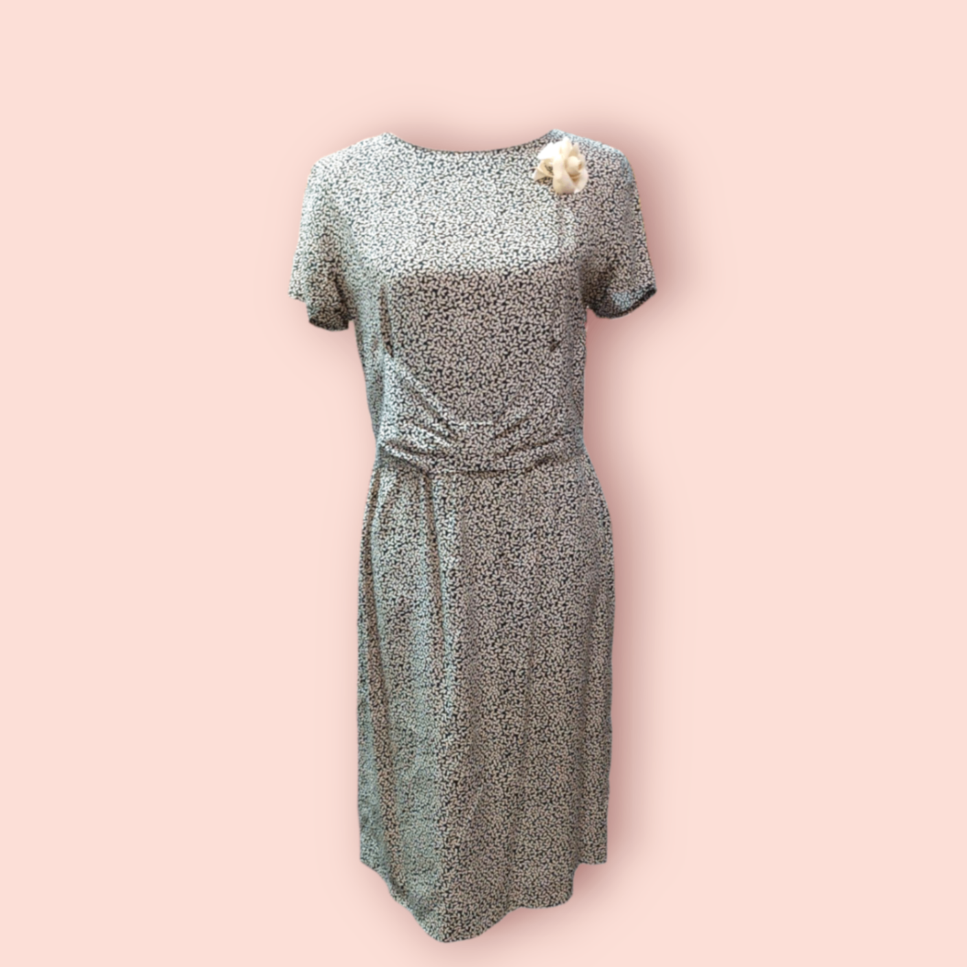 Vintage Kleid S Schwarz mit beigen Blättermuster