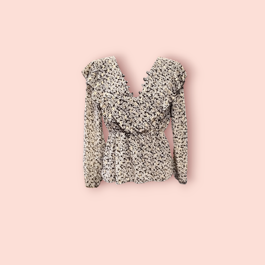 Italian style Bluse M Beige mit schwarzen und weißen Blumenmustern