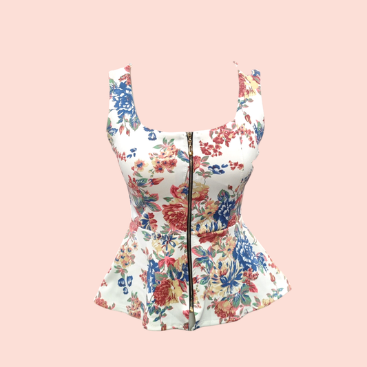 Top S Weiß mit buntem Blumenmuster