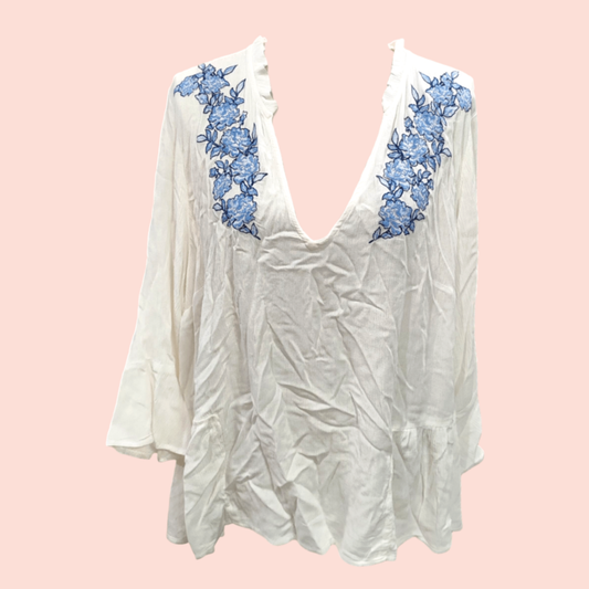 Divided H&M Langarmbluse 52 Cremeweiß mit blauer Stickerei im Blumenmuster