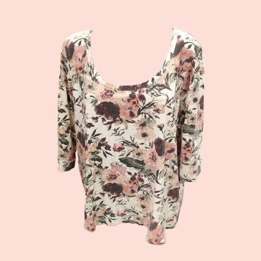 H&M T-Shirt 3XL Weiß mit rosa, dunkelrot und grünem Blumenmuster