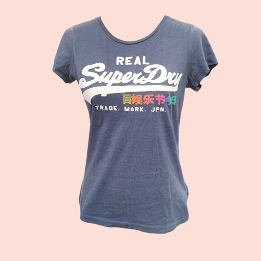 Super Dry T-Shirt M Blau mit Schriftzug