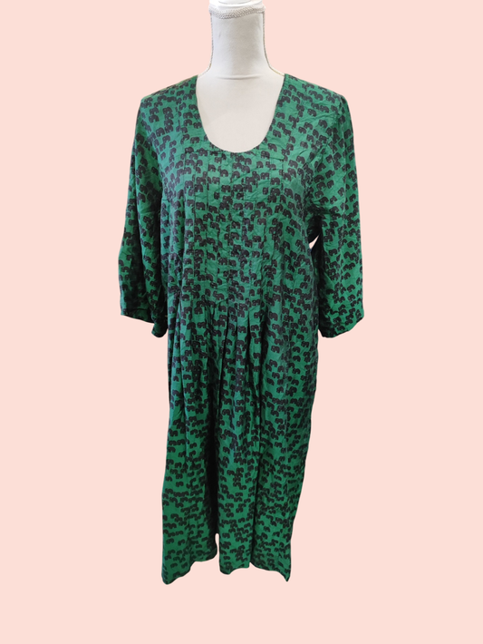 Vintage Seidenkleid L Grün mit Schwarzen Elefanten