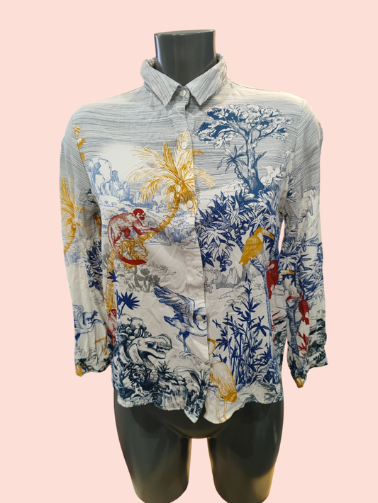 Leo & Ugo Bluse S Weiß mit blauen, gelben und roten Akzenten