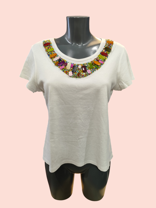 T-Shirt Creme mit bunten Steinchen