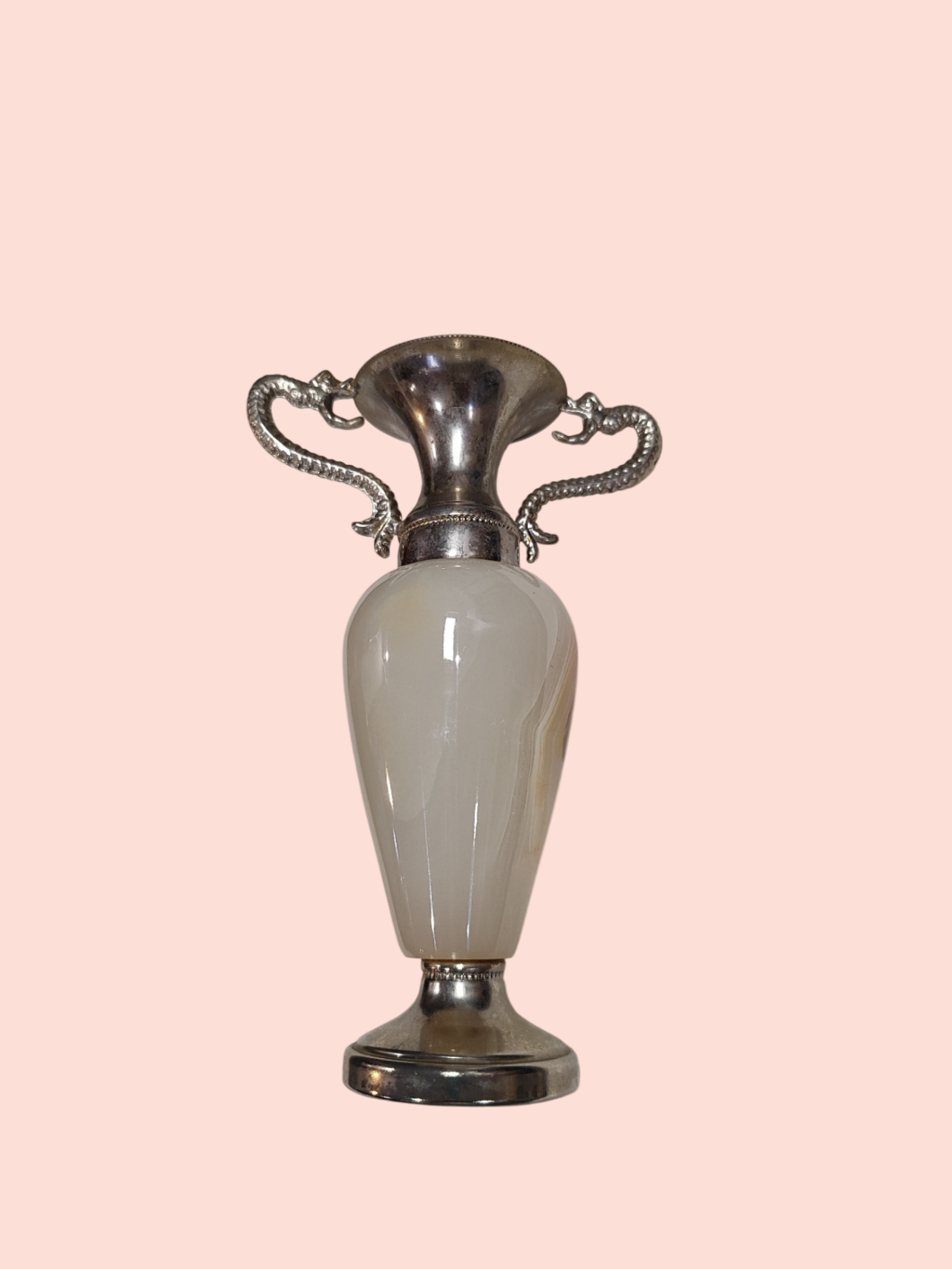 Vintage Vase Weiß marmoriert & silberne Drachen-Henkel