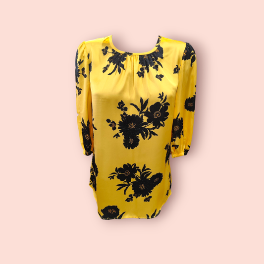 Bluse S Gelb mit schwarzem Blumenmuster