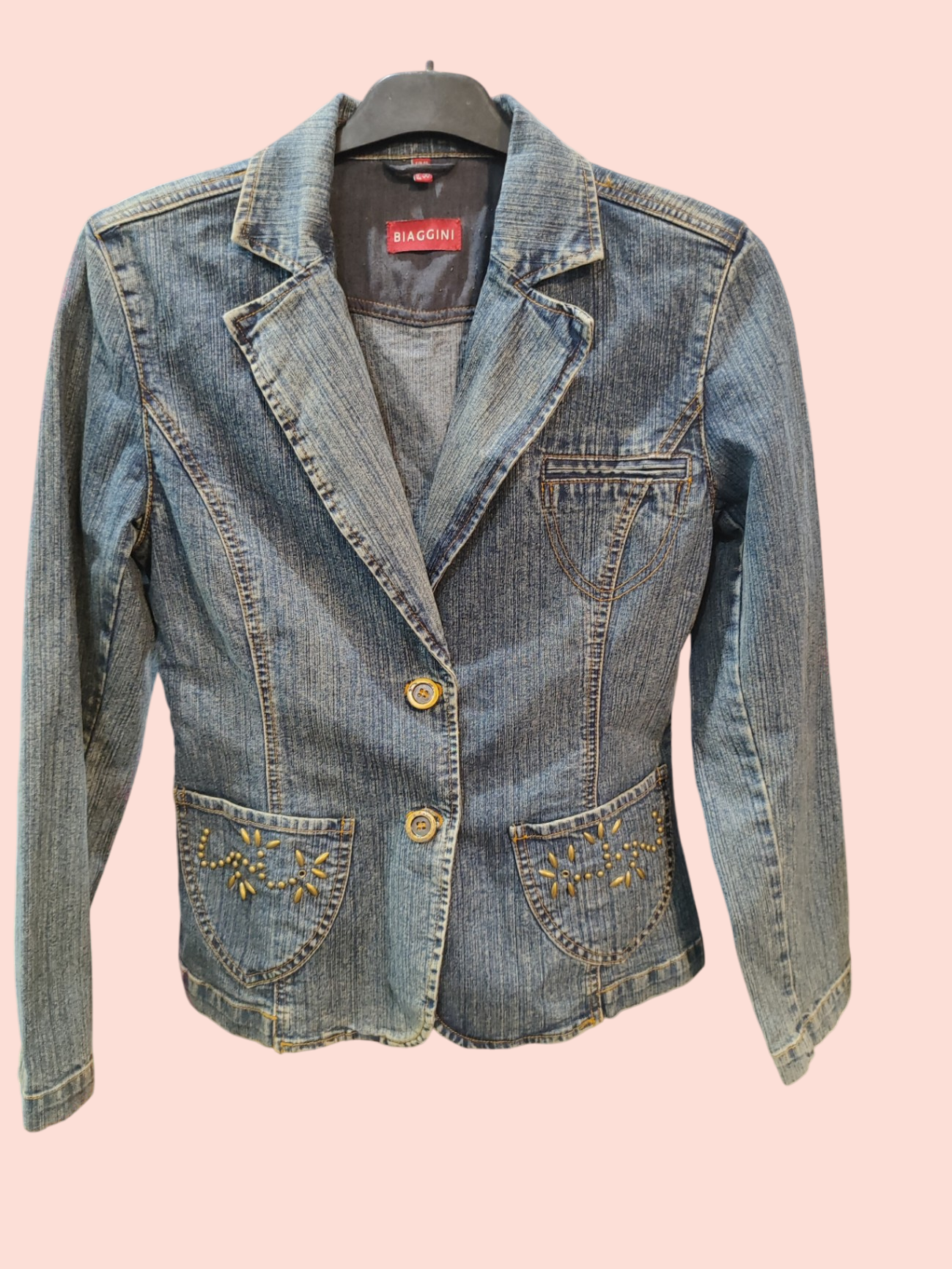 Biaggini Jacke S Blau-Vintage Look mit goldenen Ziersteinen