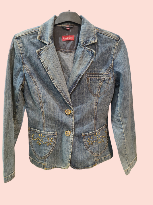 Biaggini Jacke S Blau-Vintage Look mit goldenen Ziersteinen