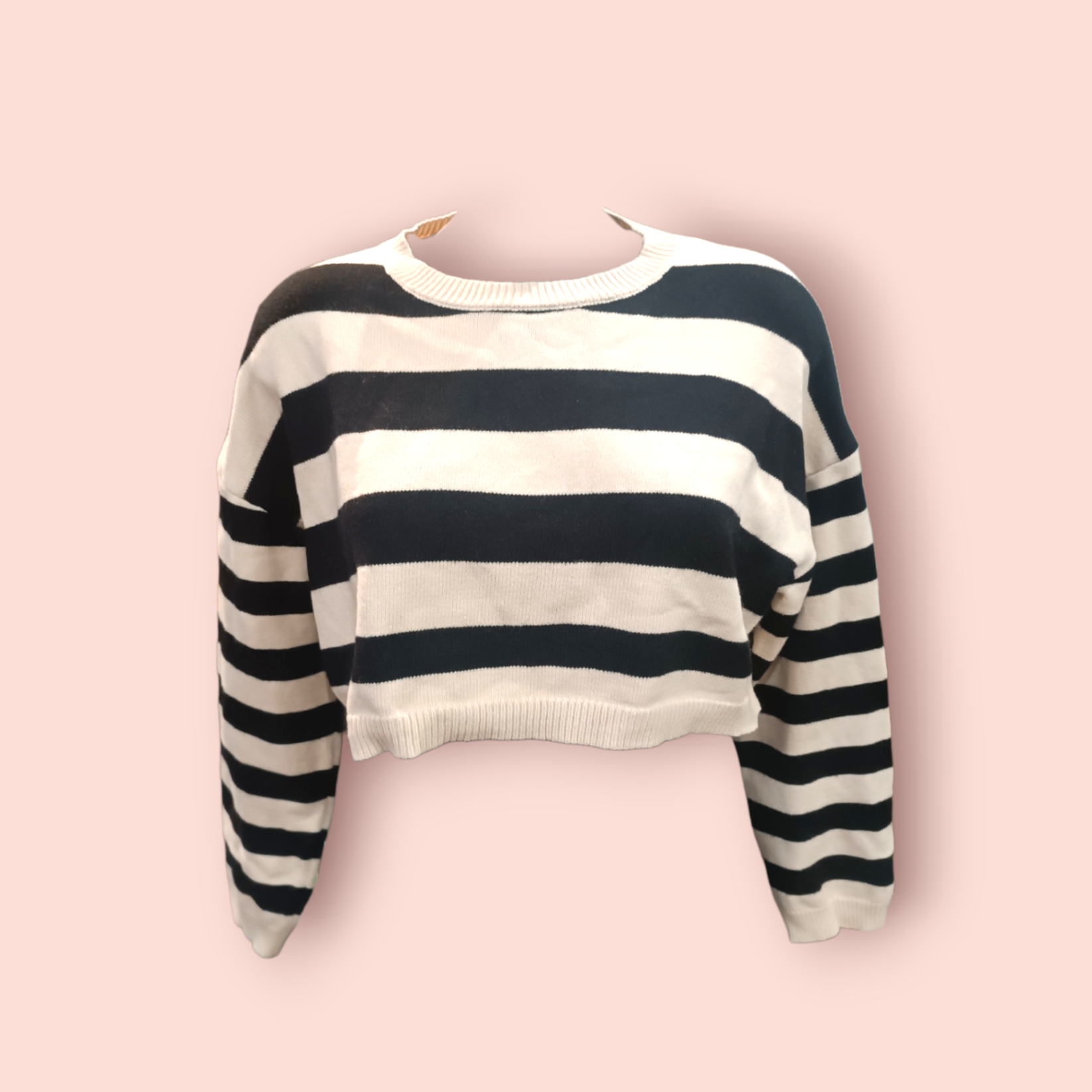 Charget Pullover M/L Cropped, Creme-Schwarz gestreift