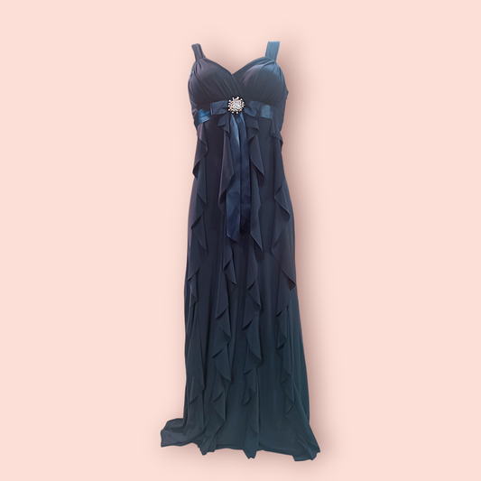 Xscape by Lawrence Kurtz Kleid S/M Dunkelblau mit Rüschen, silberner Brosche und Seidengürtel