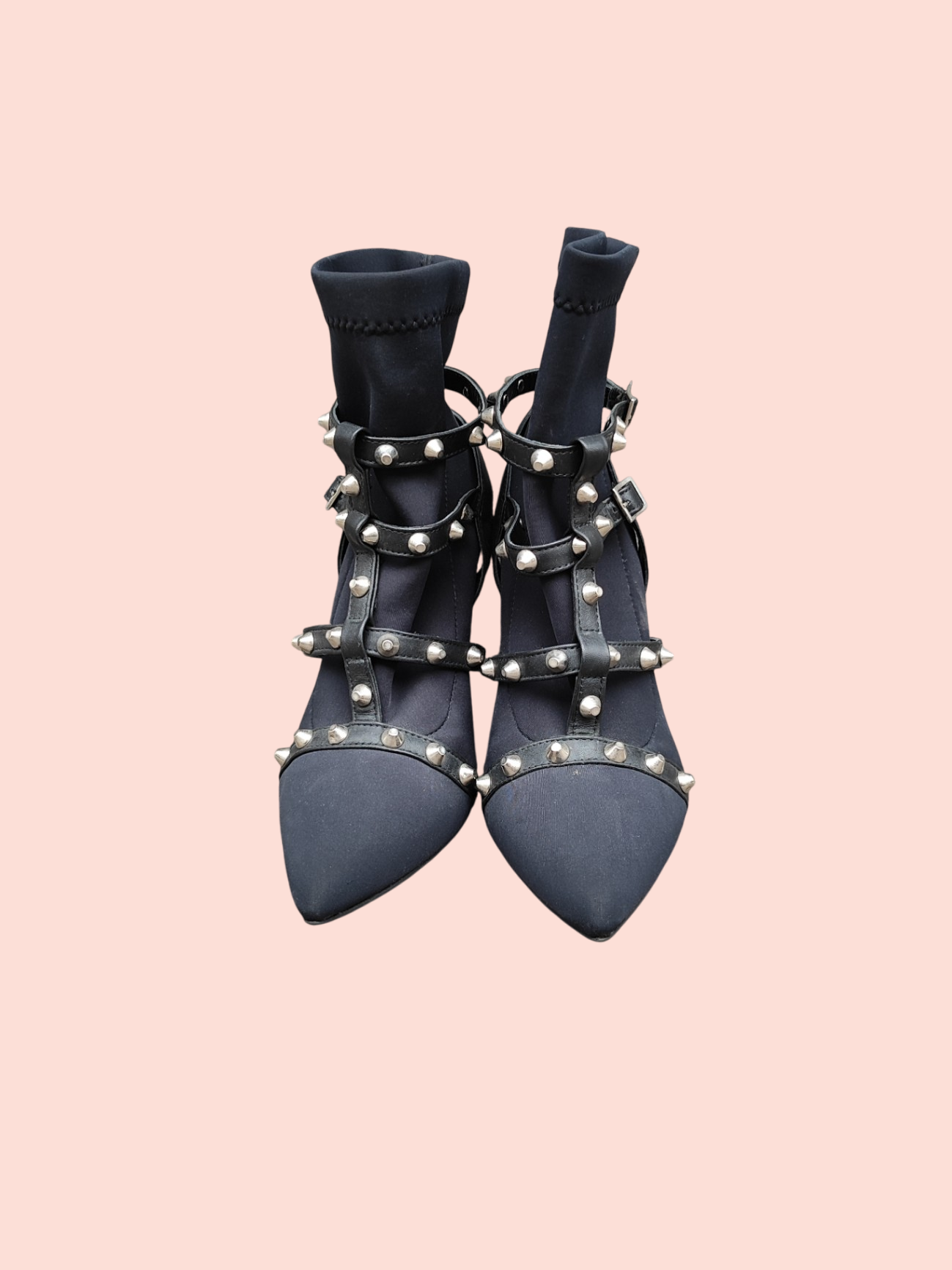 Effettowow Stiefel 38 mit Absatz in Schwarz mit Lederschnallen & Metall Spikes