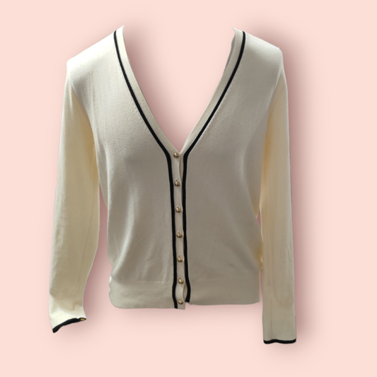 Zara Cardigan L Creme mit schwarzen Akzenten & goldenen Knöpfen