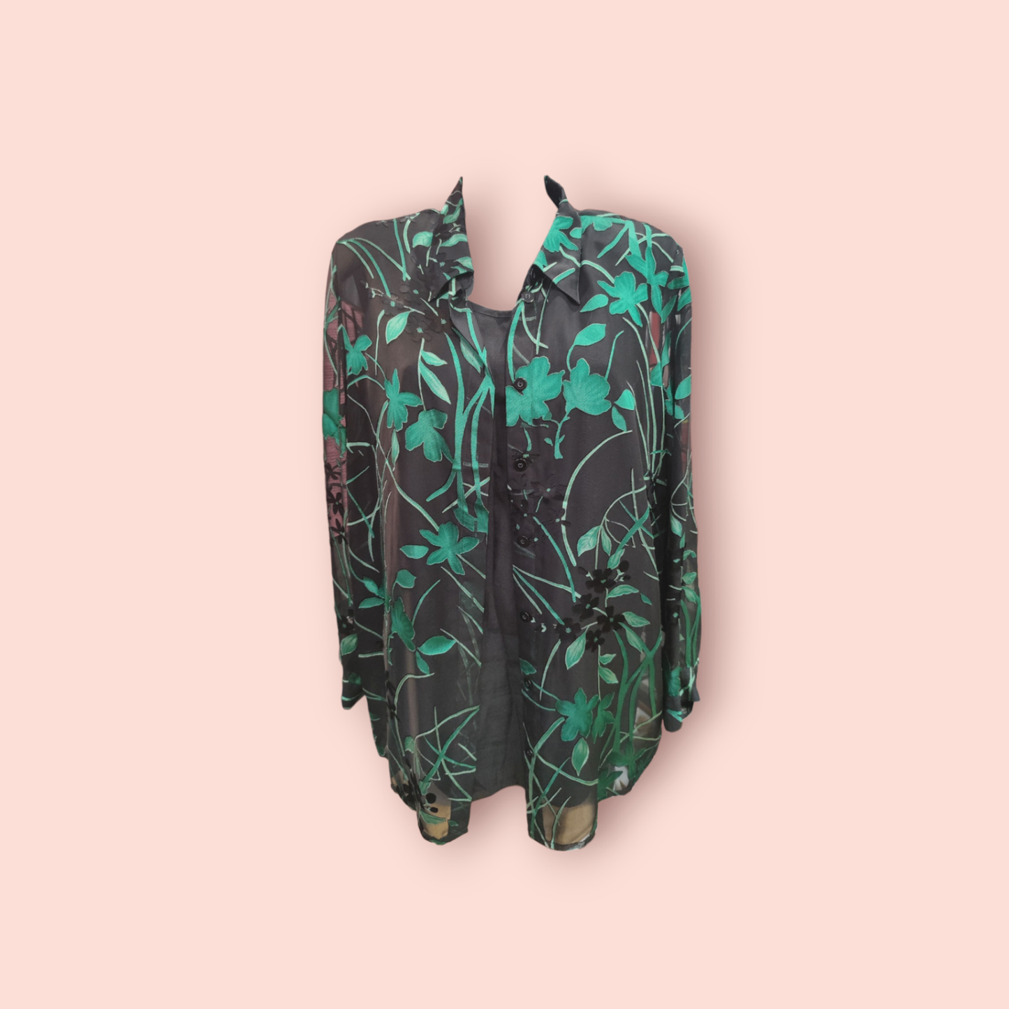 Bluse & Top XL Schwarz mit Grünen Blättern