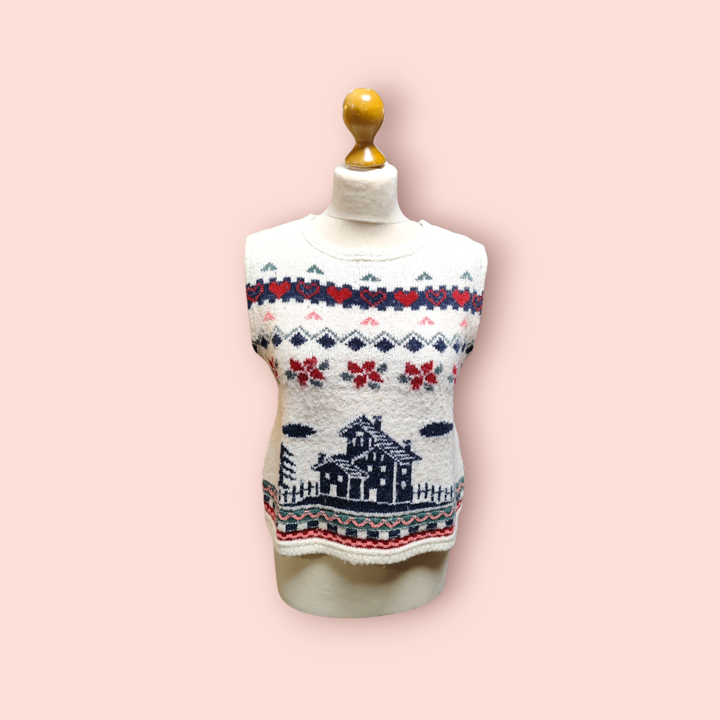 Pullunder M Weiß mit Mustern in Rot, Blau, Grün & Pink