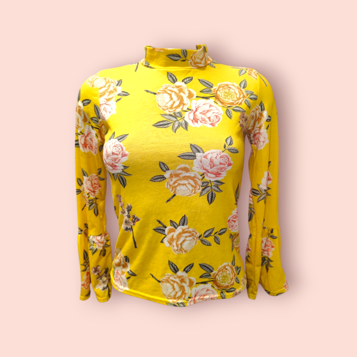 Missi Bluse XS Gelb mit Blumenmuster in Rosa und Grün