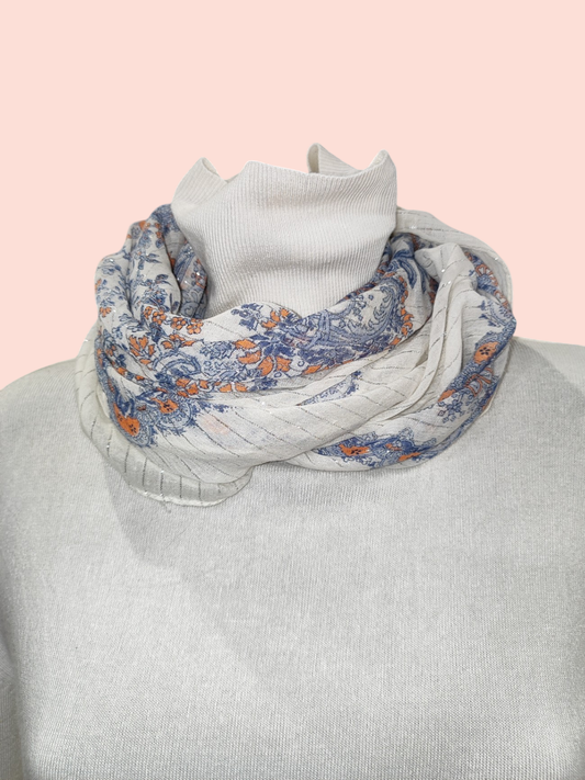 Schal Weiß mit blauen und orangefarbenen Mustern