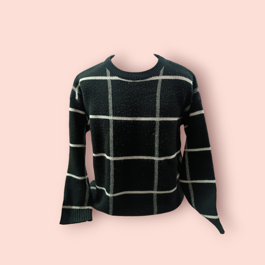 M-Original Pullover L Schwarz mit weißem Karo-Muster