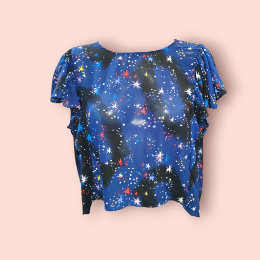 Monki Bluse S/M Blau mit bunten Sternen und Nebel-Muster