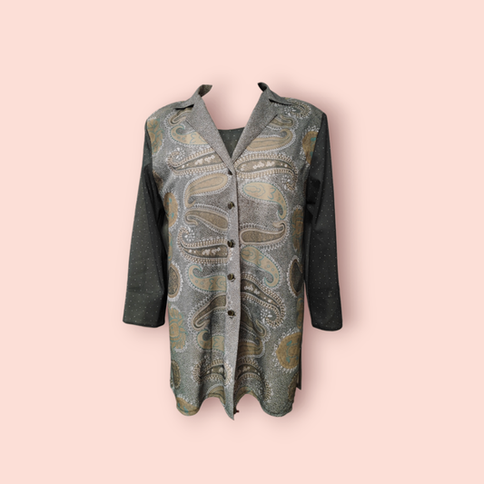 Bluse L Grün mit weißen Punkten & Paisleymuster