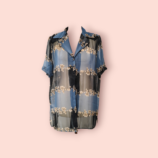 Hemd XL Durchsichtig Blau/Schwarz mit beigen Blumen