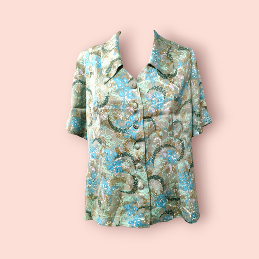 Vintage Bluse M/L Florales Muster (Blau, Grün)