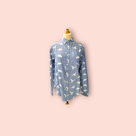 Bluse blau M mit weißen Vögeln