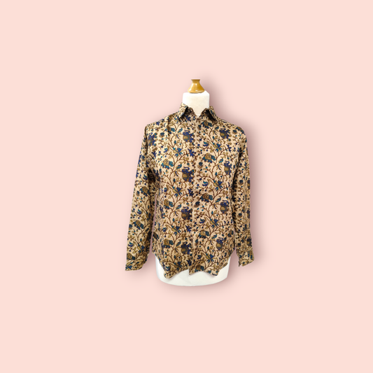 Bluse S braun mit blauem Muster