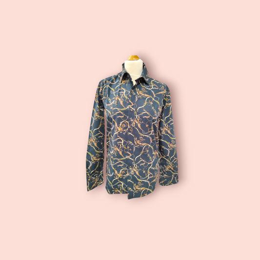 Bluse S Dunkelblau mit goldenen Mustern