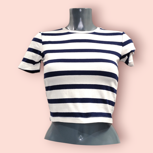 Zara T-Shirt Cropped S Weiß und Dunkelblau gestreift